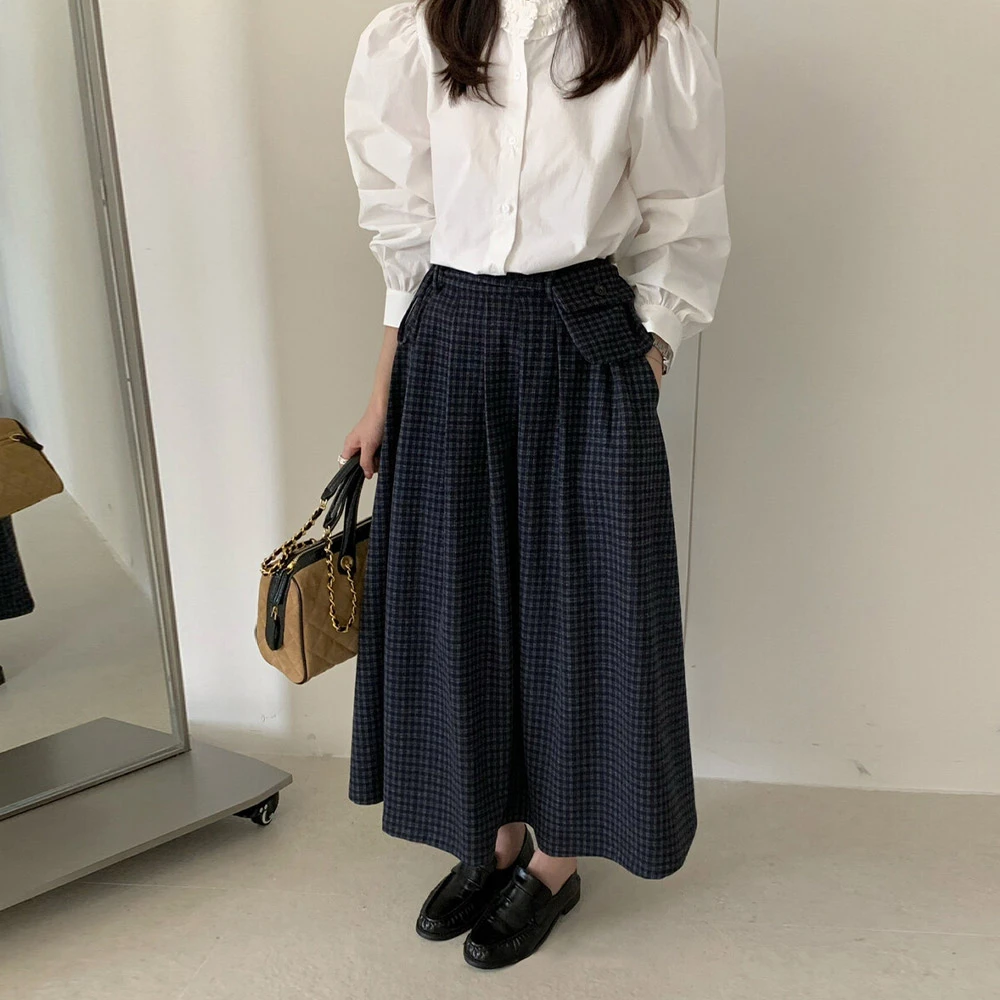 闭眼入秋冬中长裙 韩系格纹半松紧腰a字版慵懒百搭半身裙配腰包