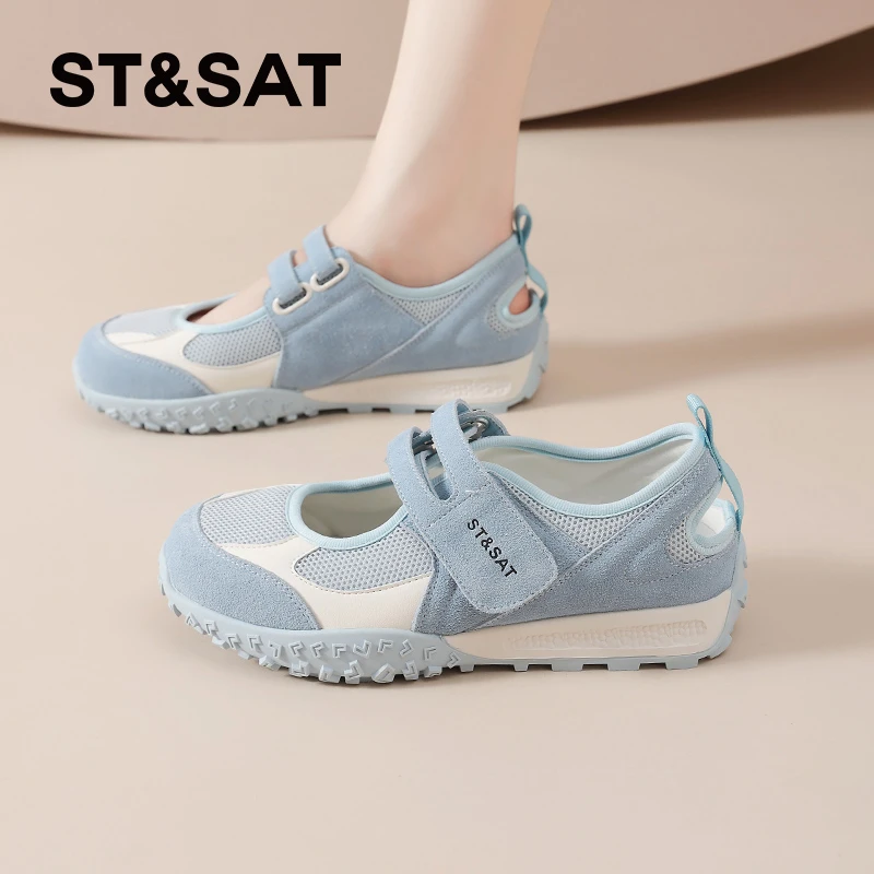 星期六蓝色透气薄款网面芭蕾德训鞋女2025夏新款魔术贴浅口休闲鞋