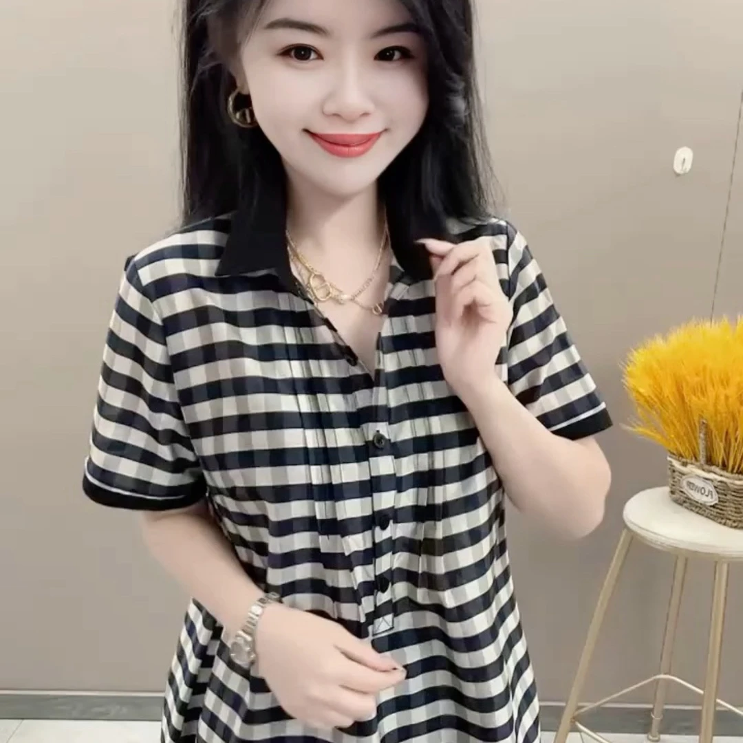 爆款格条纹连衣裙减龄气质显瘦洋气时尚休闲夏季