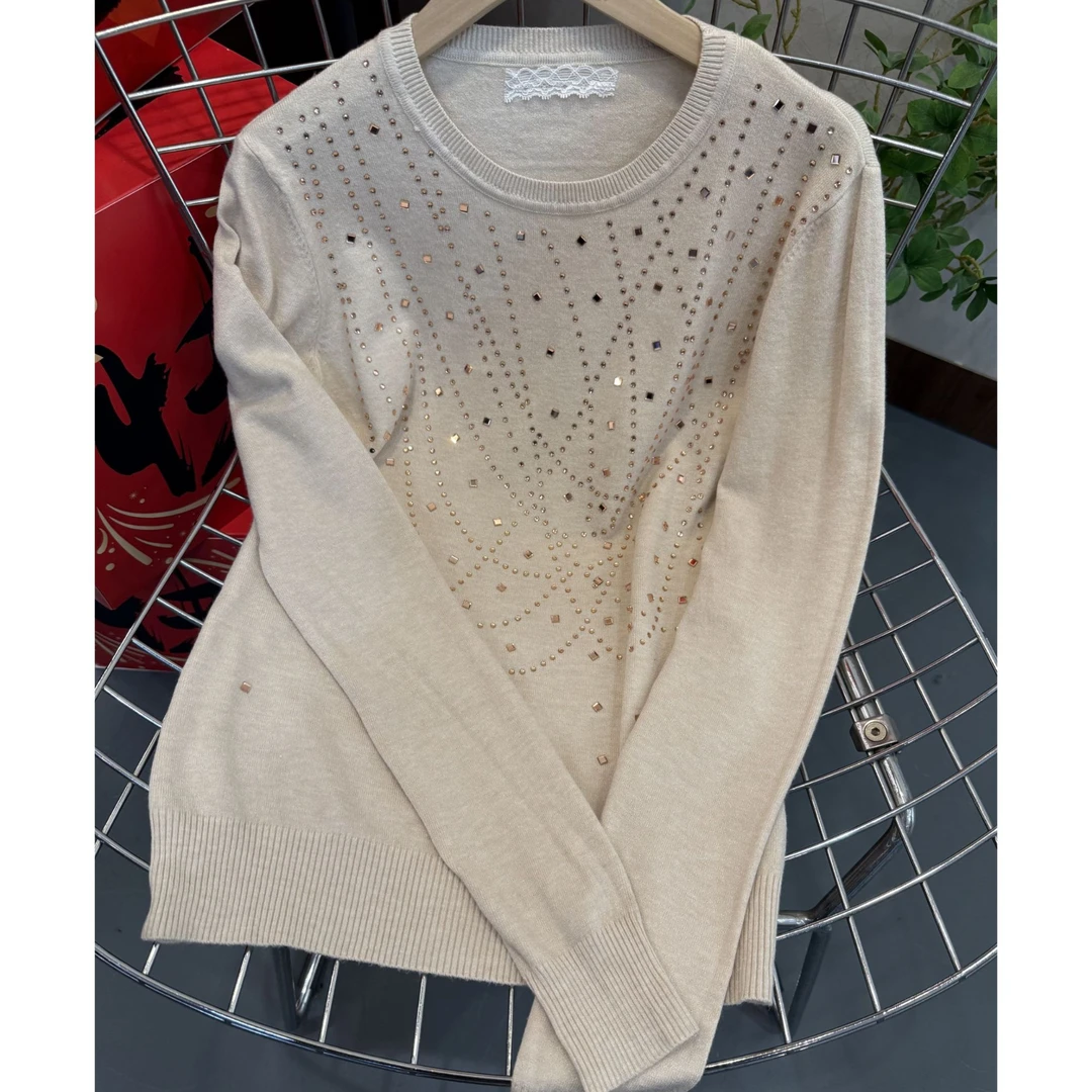 【乔恩清仓】春秋薄款镶钻气质针织衫A0617