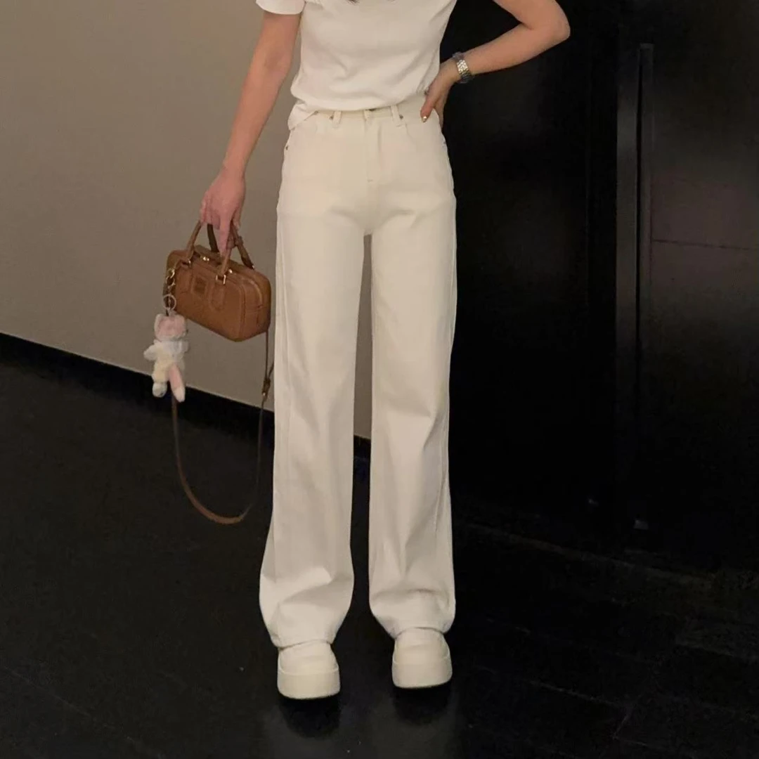 玳妮【粉标白牛】早春款高腰水洗简约窄版直筒裤宽松显瘦调性牛仔裤