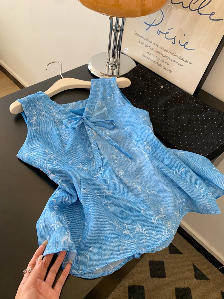 夏季克莱因蓝辣妹碎花吊带背心外穿无袖绝美宽肩带上衣高级感新款