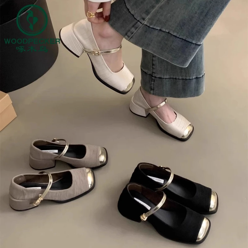 啄木鸟法式高跟黑色玛丽珍单鞋女2024新款春夏季晚晚鞋气质小皮鞋