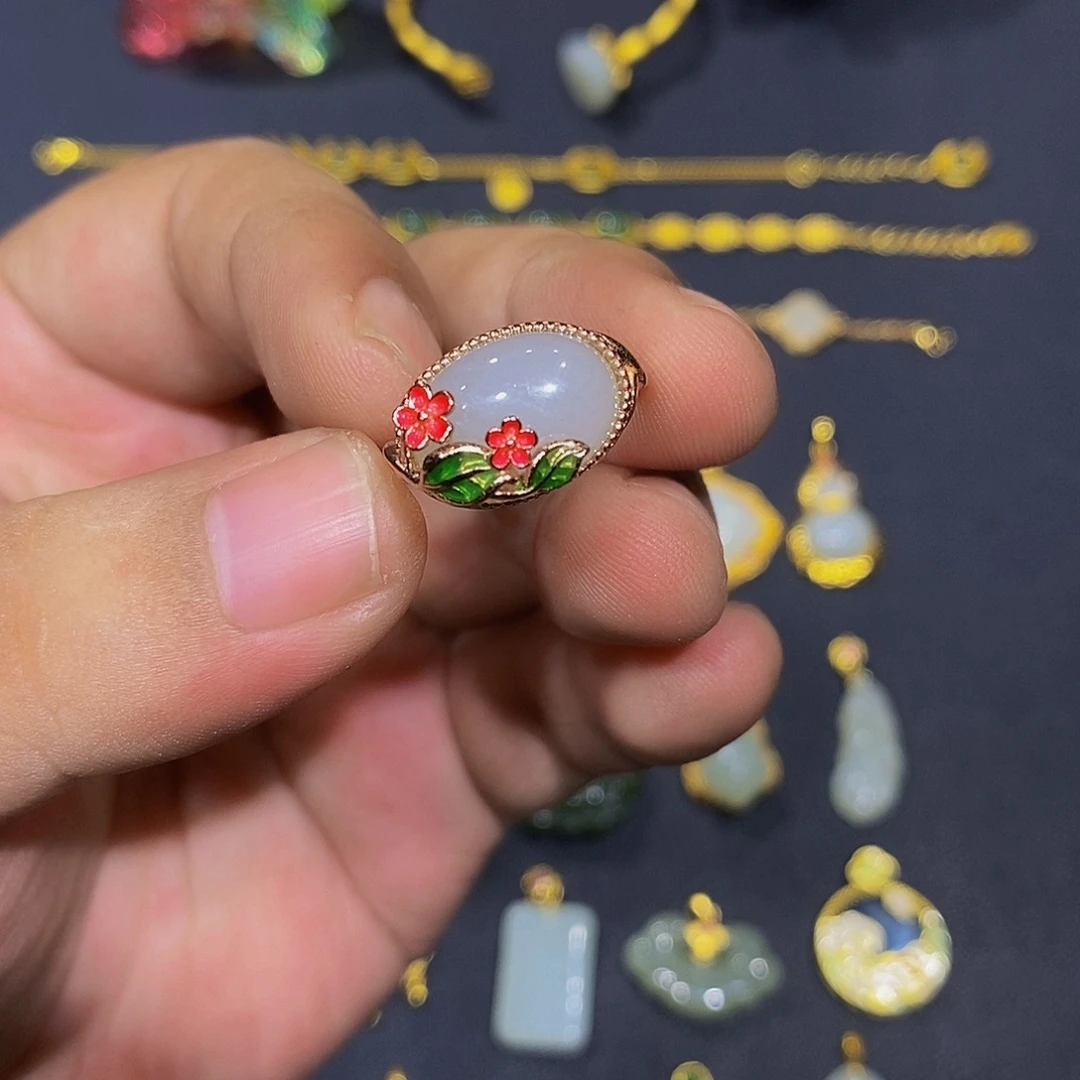 银S925镀金镶嵌戒指和田玉