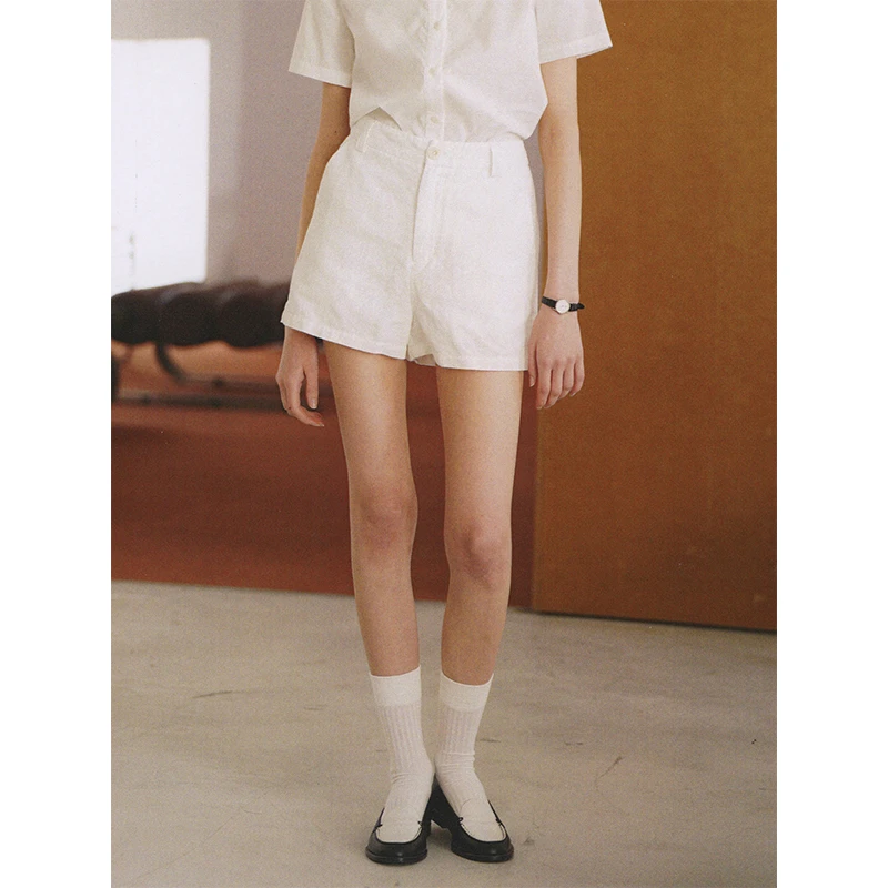 CycleDocument 汉麻&棉混纺 成衣酵素洗 白色简约直筒高腰短裤女