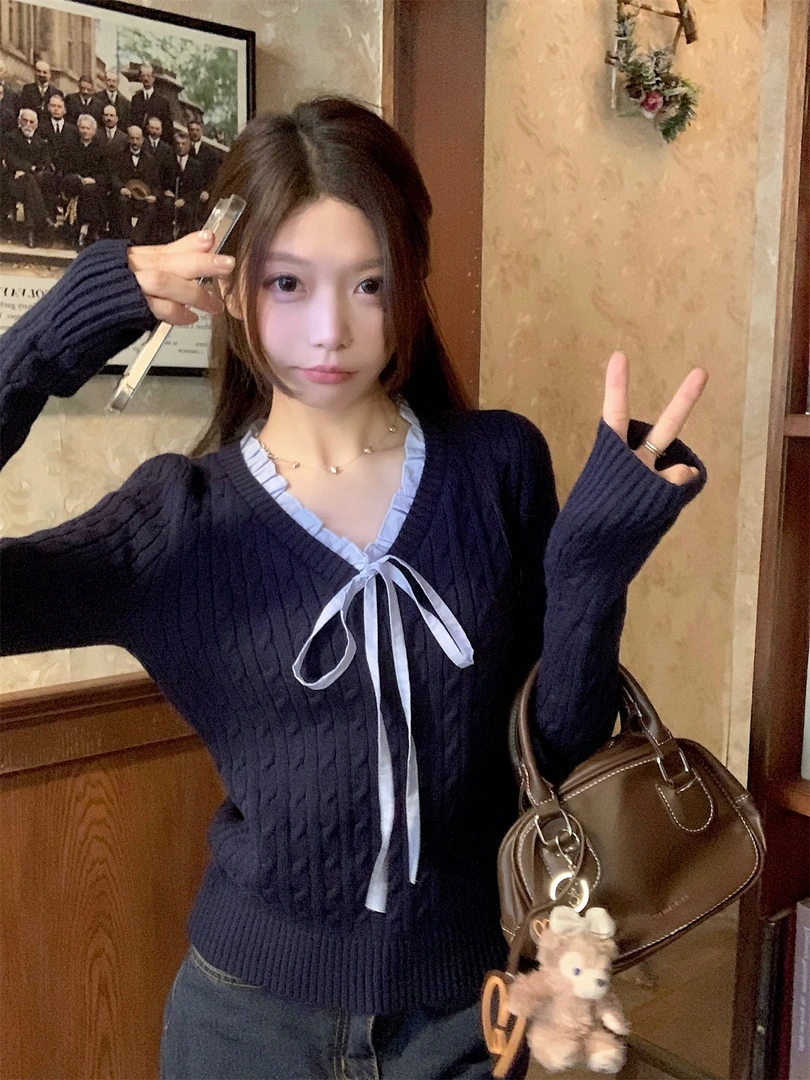 韩系学院风v领针织衫毛衣女秋冬新款高级感独特气质修身内搭上衣