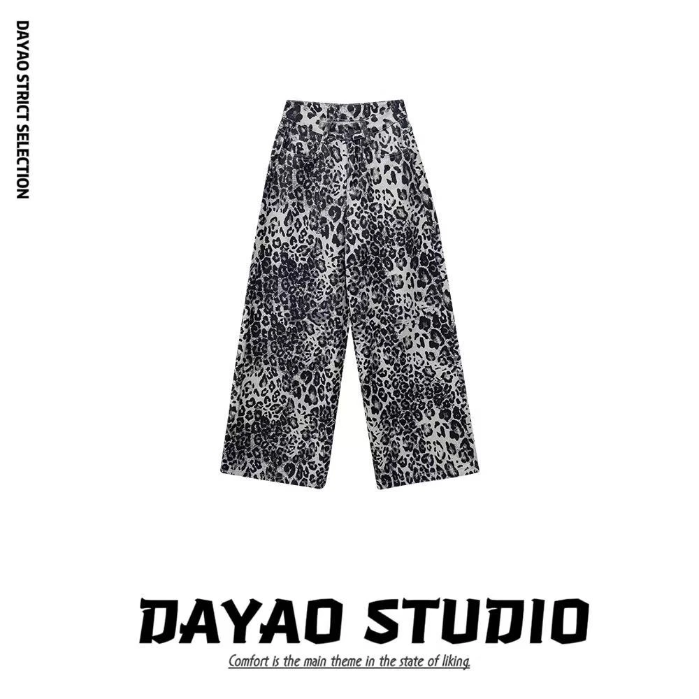 L 【猎豹潮牛】黑色豹纹牛仔裤复古休闲阔腿裤