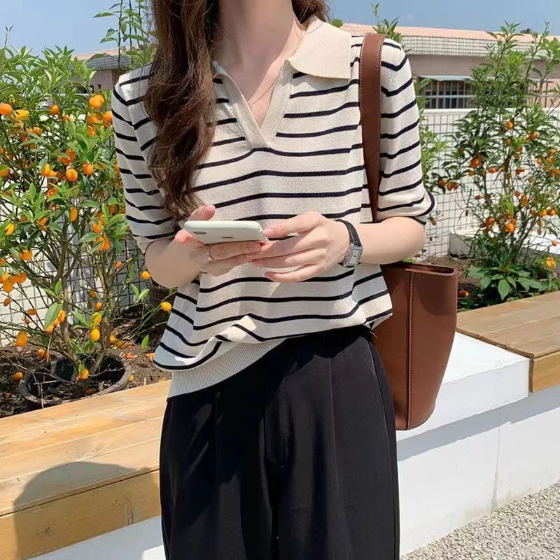 夏季新款polo翻领条纹针织衫T恤女2025夏季新款简约韩版翻V领短袖
