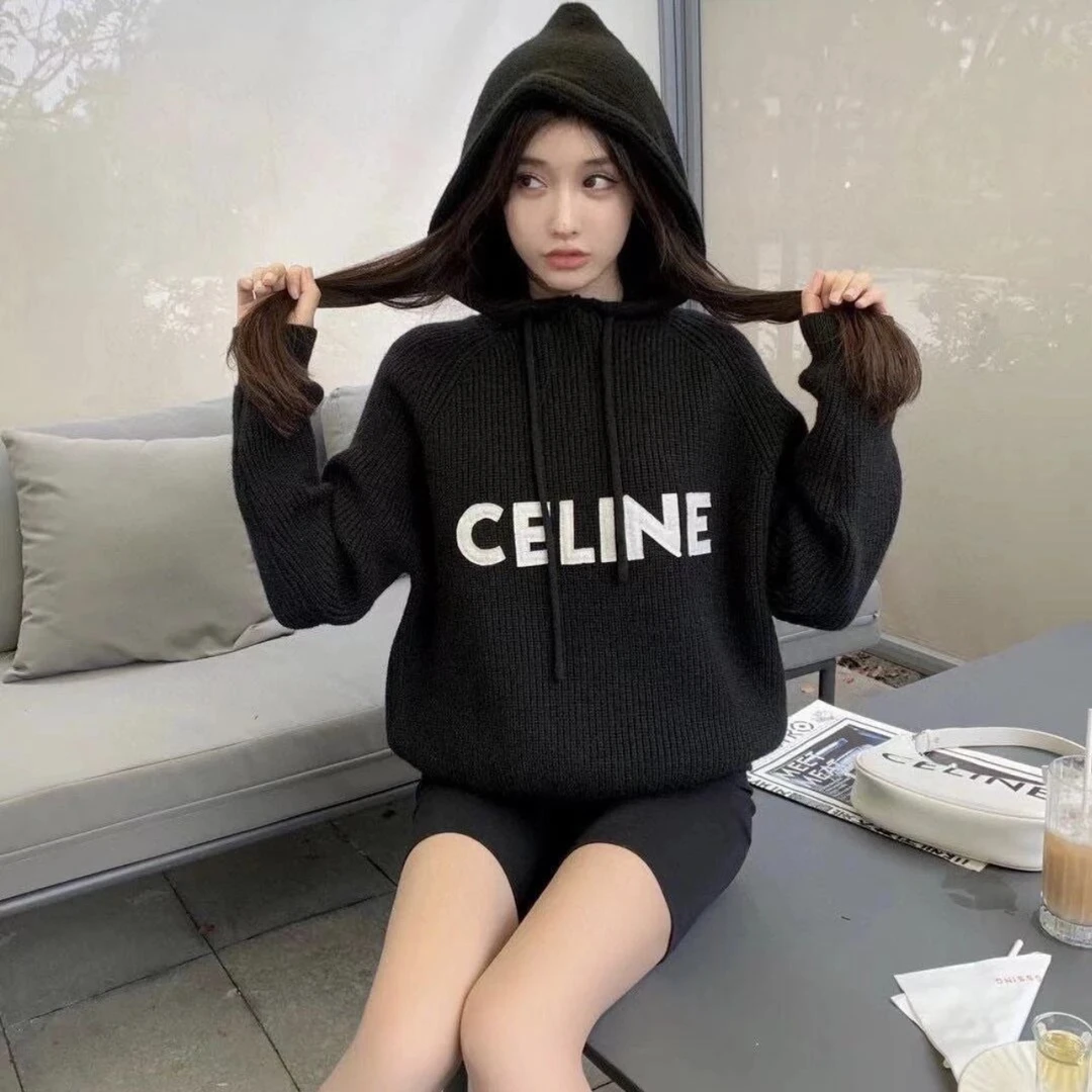 99新 Celine/思琳 2cc023/黑色刺绣logo针织帽衫 羊毛 M码