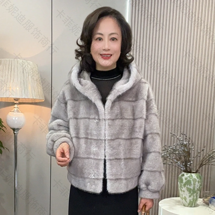 26006冬季时尚优雅仿水貂毛保暖皮毛一体短款连帽大衣外套