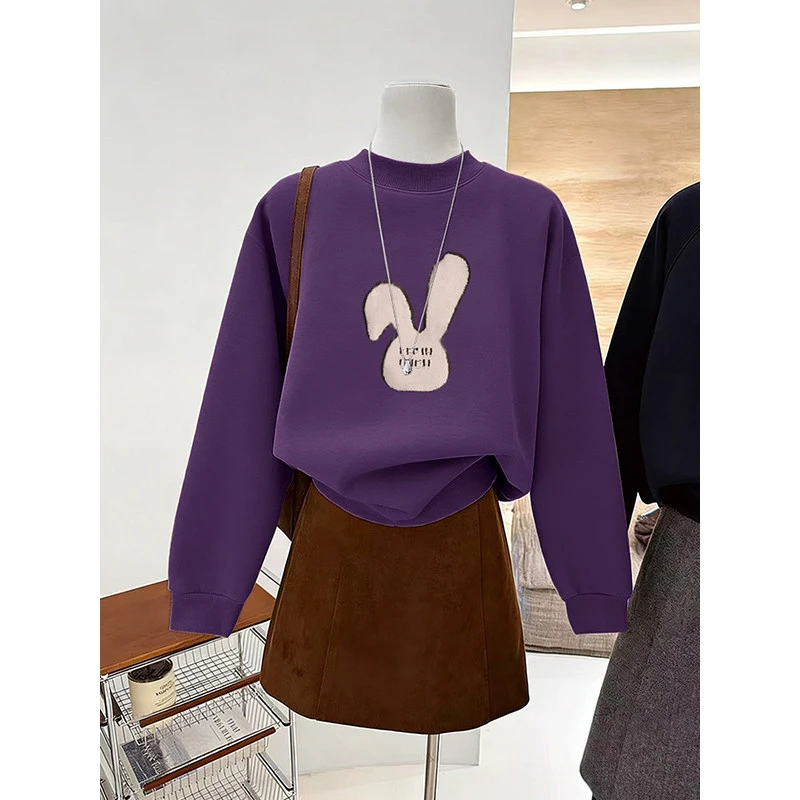 加绒加厚半高领卫衣女新款爆款宽松百搭时尚洋气长袖深紫色上衣潮