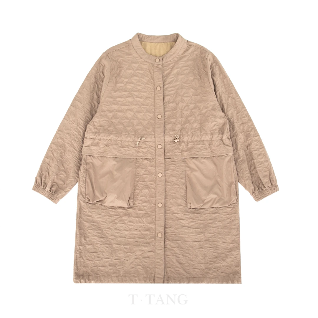 FL秋冬百搭中长款菱形格丝绵双兜防风保暖棉服外套【3053】