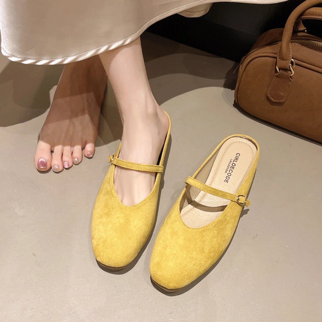 法式平底一脚蹬包头拖鞋女2025春夏新款一字扣带小众外穿百搭单鞋