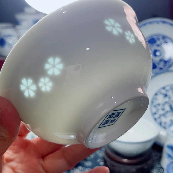 青花玲珑5寸饭碗三星花素玲珑
