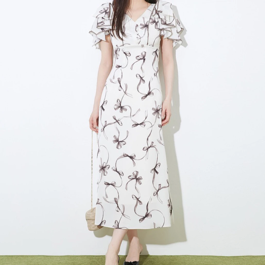 V领蝴蝶结印花连衣裙13062