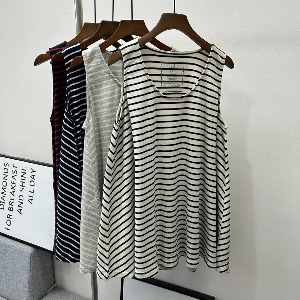 外贸原单 大摆全棉舒适宽松无袖T恤条纹背心