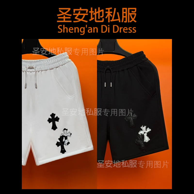 高货轻奢2025年夏季新款时尚私服十字拼皮微宽松4分休闲短裤男士