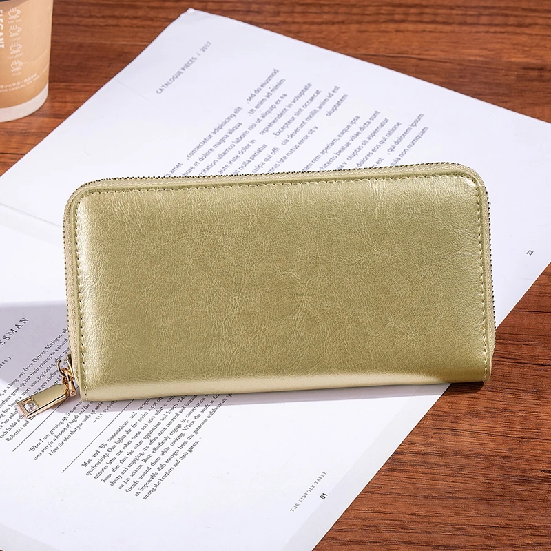 高档金色招财钱包真皮长款拉链钱夹简约软牛皮防盗刷大钞夹放手机