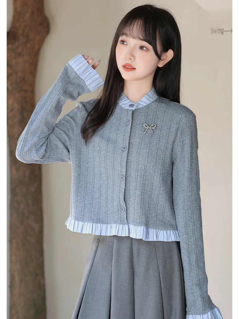 假两件拼接针织衫女春季设计感时尚显瘦蝴蝶结短款上衣潮+百褶裙