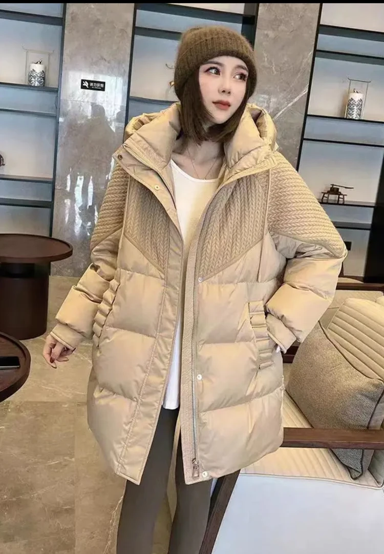 连帽中长款羽绒服女冬季针织拼接加厚Y752