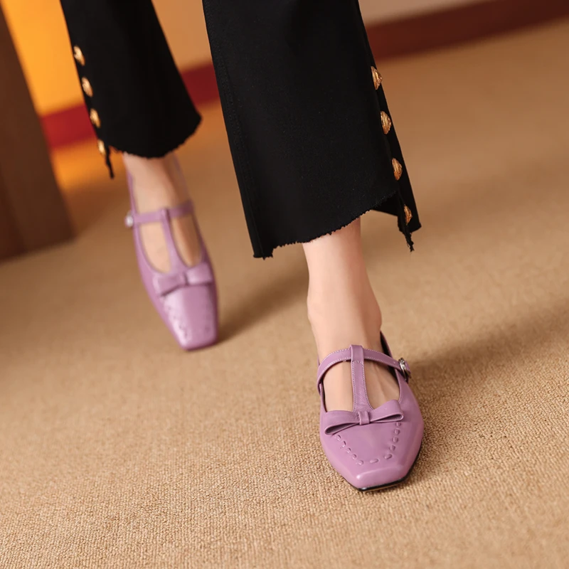 牛皮2.5公分/春秋法式复古蝴蝶结单鞋真皮浅口方头低跟玛丽珍鞋