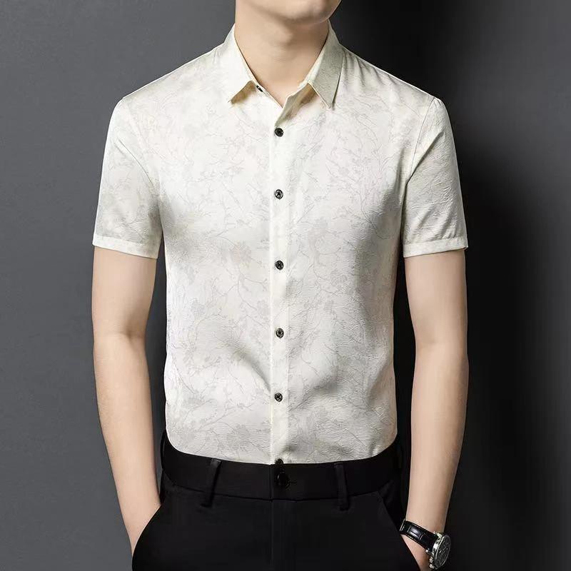 桑蚕丝-高端男士轻奢国风提花免熨缎面薄款百搭时尚休闲衬衫