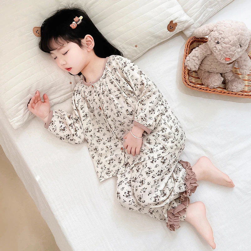 儿童睡衣女童春秋款纯棉薄款长袖家居服女孩碎花开衫套装a类全棉