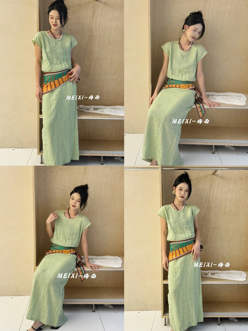 亚麻丝巾套装绑带设计休闲百搭上衣半身裙亚麻套装夏季新款梅西