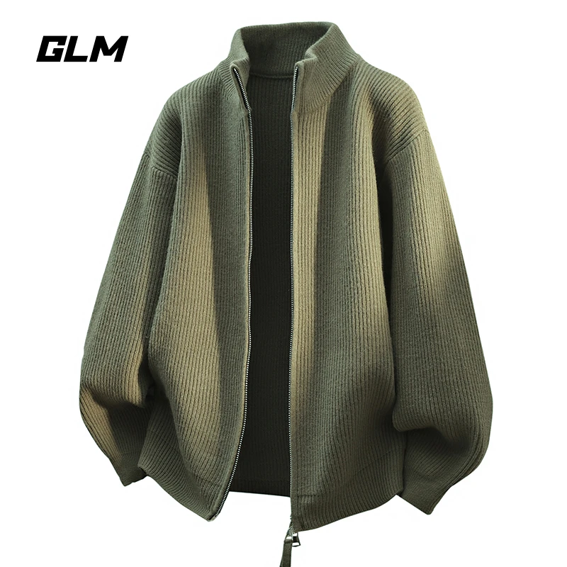 GLM纯色开衫毛衣男士秋冬季复古时尚立领双拉链高级感休闲针织衫