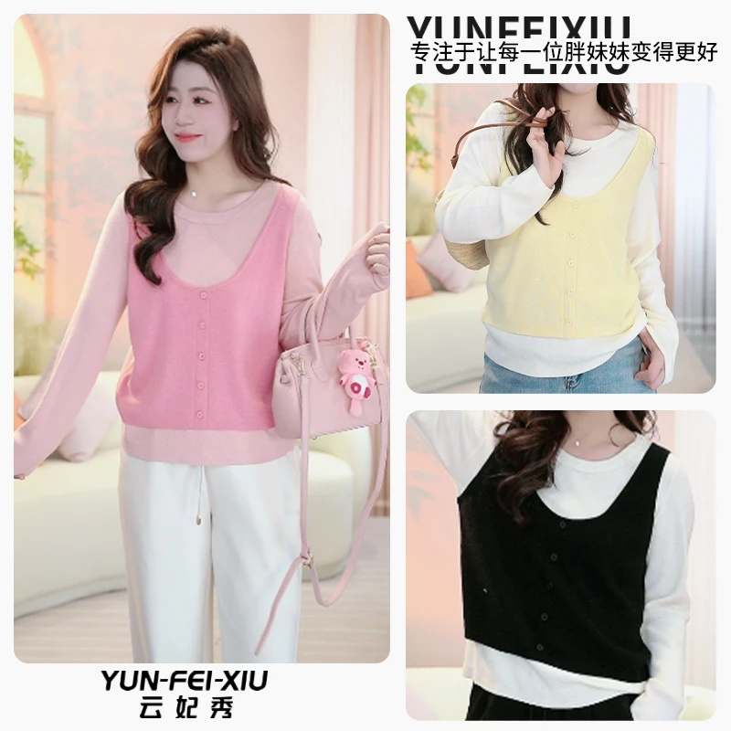 云妃秀大码女装针织衫休闲宽松显瘦圆领撞色假两件上衣春季22825