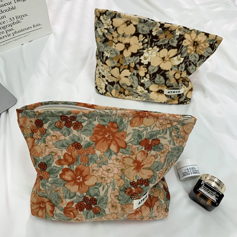 复古繁花灯芯绒化妆包印花收纳袋旅行随身便携收纳包小碎花洗漱包