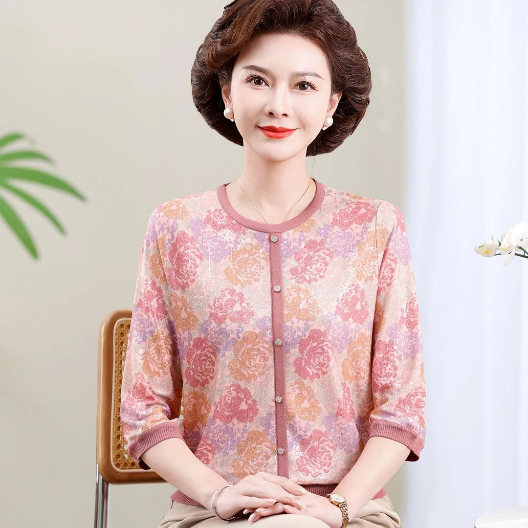 妈妈装秋装T恤七分袖小衫中老年人女母亲节衣服夏装时髦上衣薄款