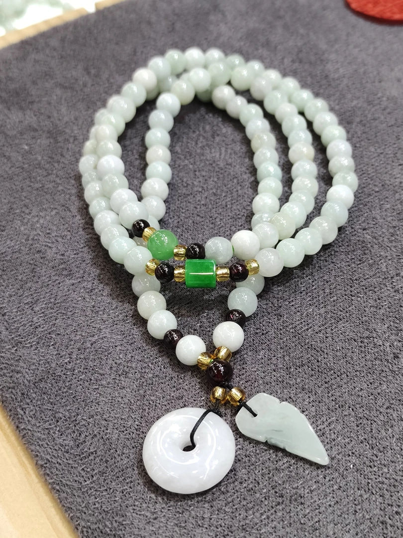 天然A货缅甸翡翠三圈手串翡翠手串项链阳绿翡翠多圈手串