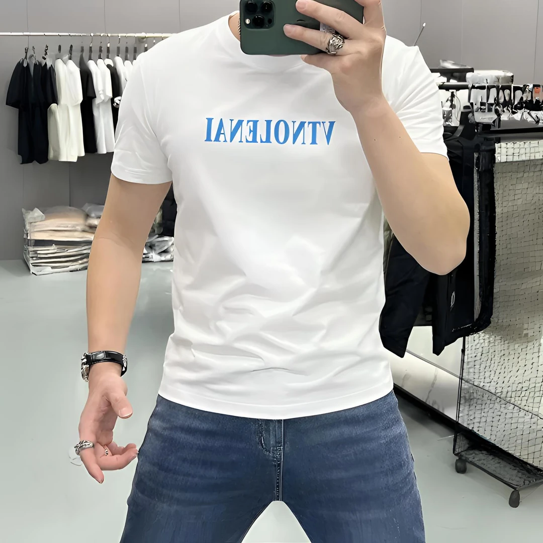 新款修身百搭字母印花短袖潮流时尚T恤夏季休闲百搭高级感五分袖