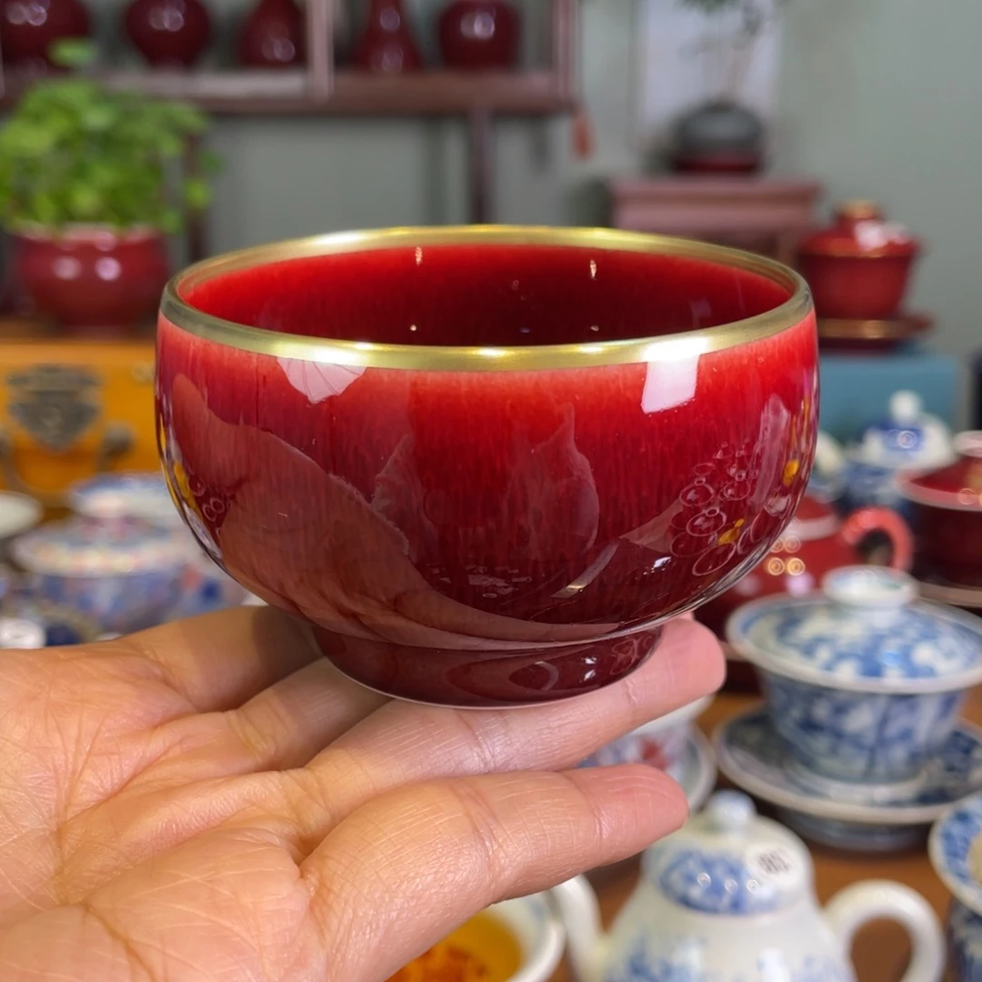 清欢雅玩原矿郎红藏品描金禅定杯