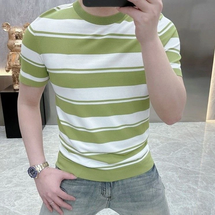 度尚-2025新款男士半袖夏季高品质冰麻针织时尚潮流圆领短袖t恤