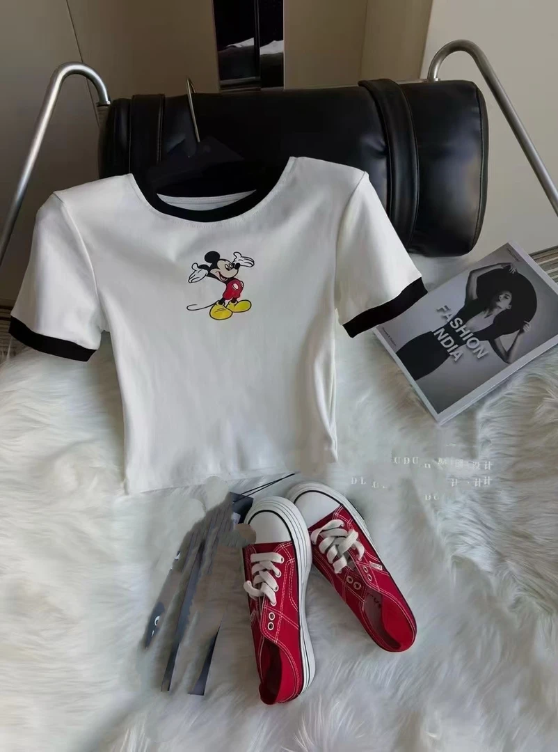 洁哥 新品百搭米奇拼色垫肩t