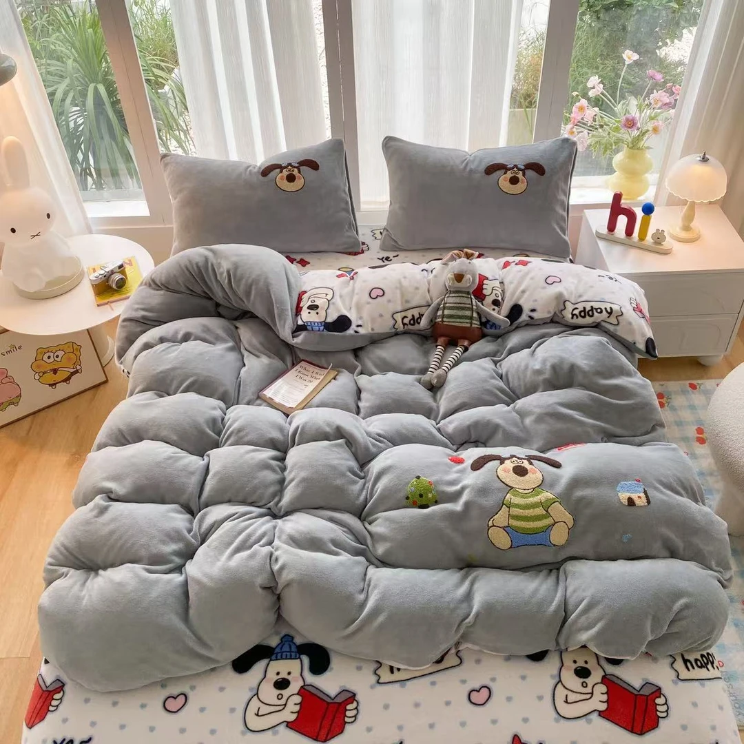 A类超软牛奶绒四件套秋冬法莱绒加厚双面加绒被套单人宿舍三件套