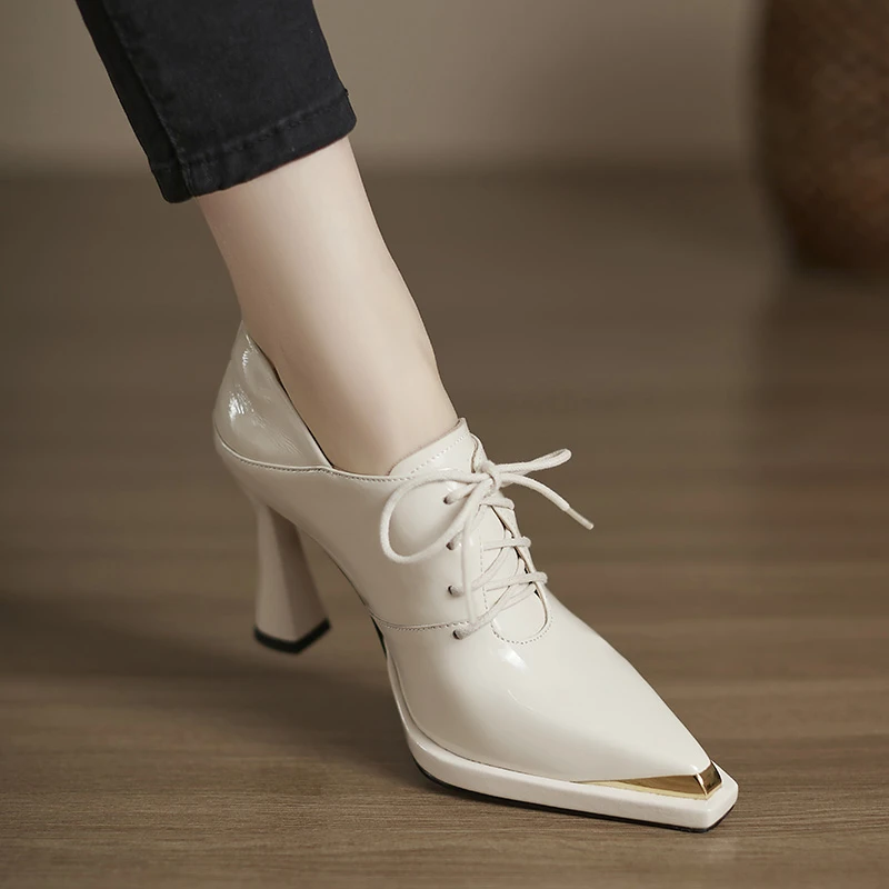 小个子手工女鞋9.5cm~法式高跟鞋新款尖头深口单鞋可踩后跟小皮鞋