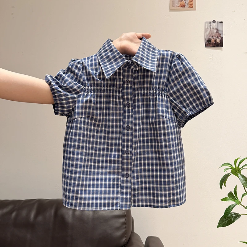 韩系蓝色格纹短袖T恤女夏季新款泡泡袖翻领高级感洋气小上衣
