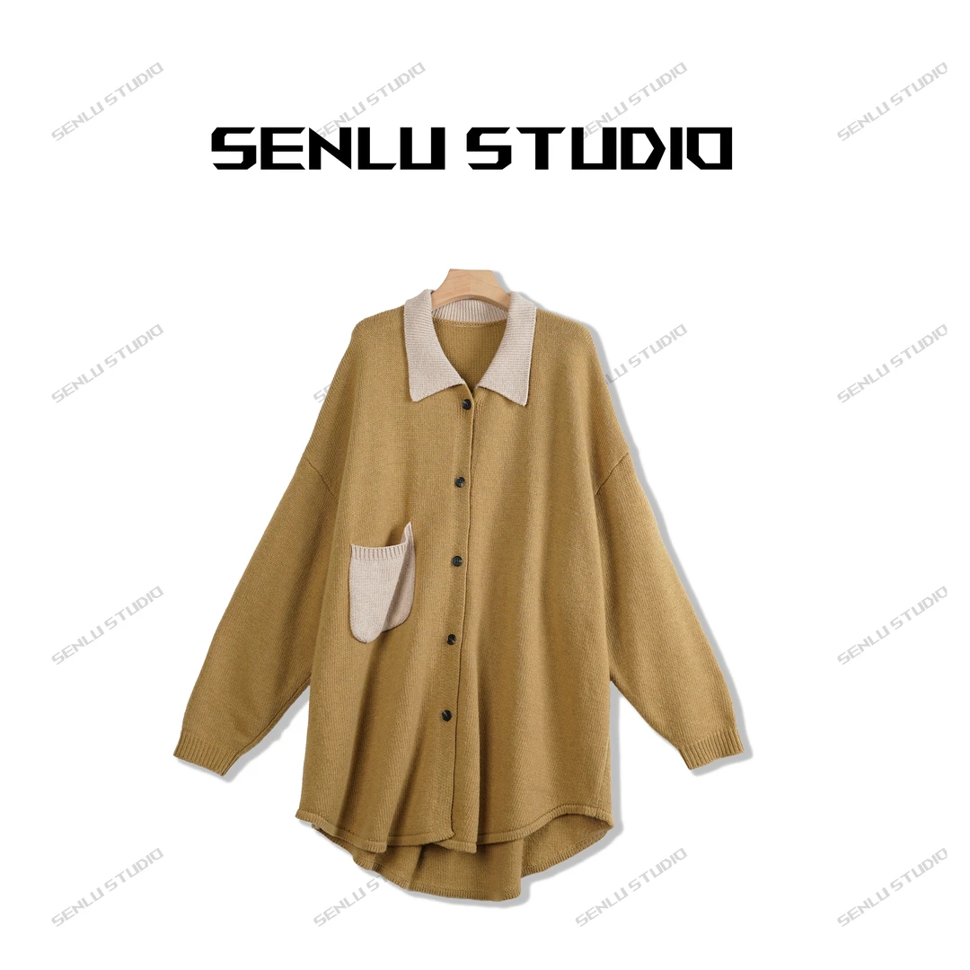 森鹿855g复古翻领中长款秋冬大码撞色羊毛开衫衣长85胸围148