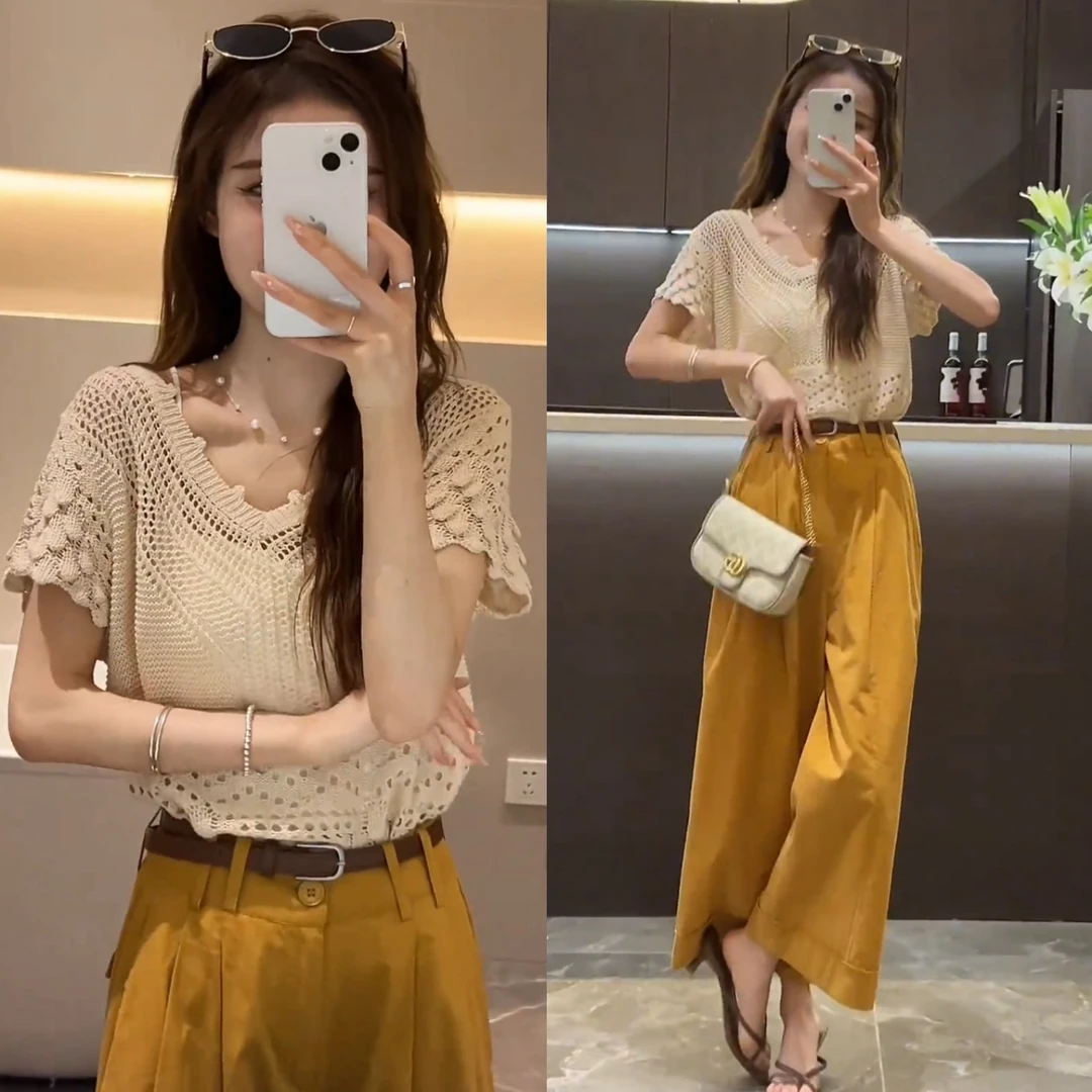 小个子显高时尚套装夏季新款盐系轻熟镂空针织衫休闲阔腿裤两件套