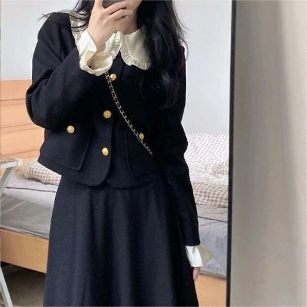 春季新款优雅赫本小香风套装女黑白撞色假两件外套半身裙两件套潮