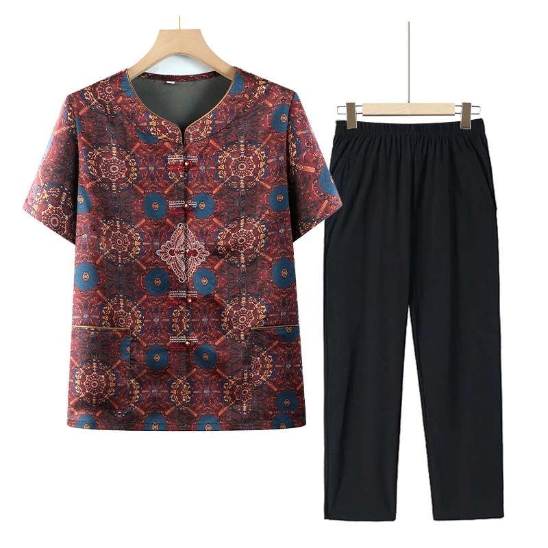 奶奶夏装短袖上衣中老年人女装夏季套装妈妈衬衫老太太洋气两件套