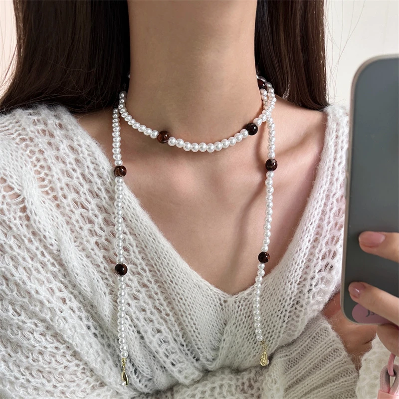 非金属亚克力项链 X6093-1长款缠绕珠珠水滴项链法式轻奢时尚百搭