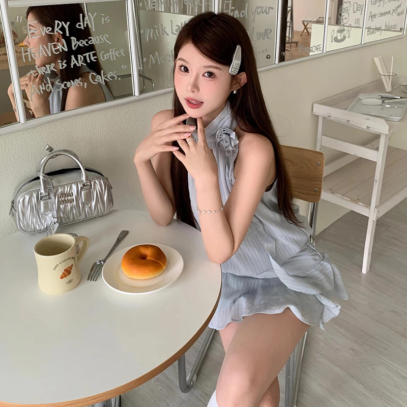 连衣裙子夏季韩系纯欲风独特漂亮收腰显瘦挂脖无袖短裙2164