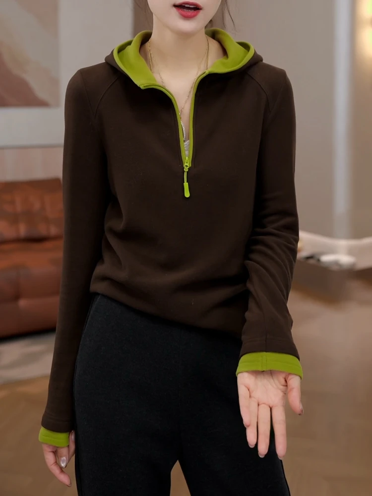 9513秋冬内搭撞色连帽打底衫2025新款半开领拉链保暖休闲长袖上衣