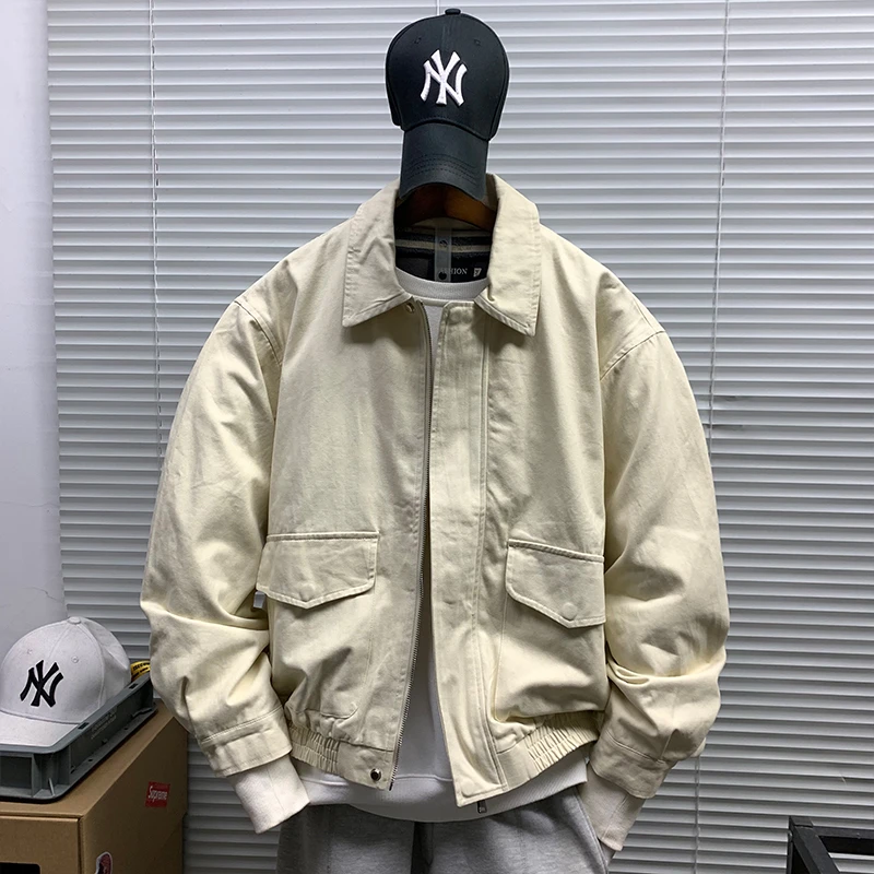 翻领夹克男款春秋新款潮牌休闲宽松百搭简约纯色重磅工装机能外套