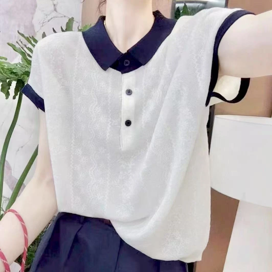 421【白雪花纹翻领短袖】高级气质百搭洋气减龄针织女衫上衣针织衫