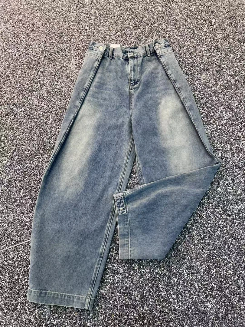 C02301 复古磨白牛仔裤男水洗时髦直筒裤宽松阔腿裤休闲显瘦长裤